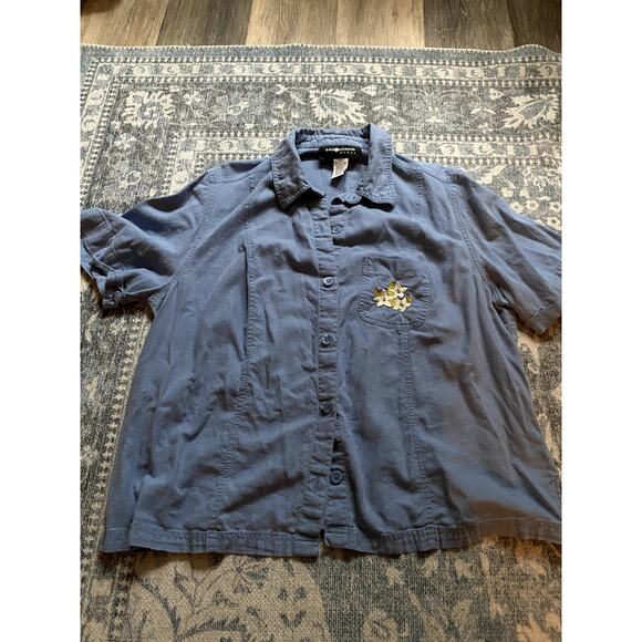 Vintage Embroidered Linen Denim Button Up Top 1X Floral Cottage Granola Heritage - Picture 4 of 5